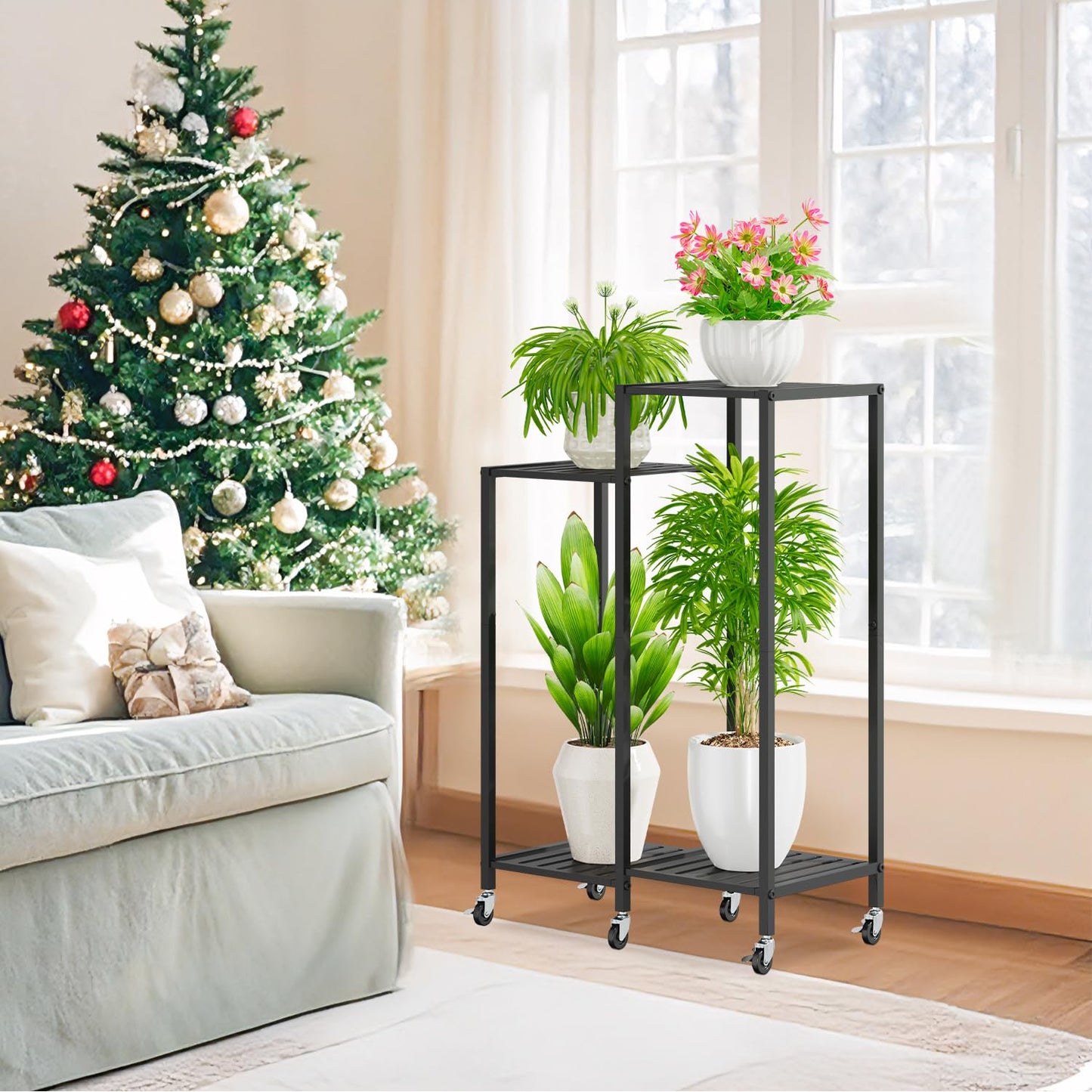 iDavosic.ly 4 Tier Plant Stand Indoor with Wheels, Metal Tiered Corner Flower Holder Shelf Outdoor for Large Pots, Tall Rolling Rack for Patio Porch Garden Balcony Living Room, Modern Black
