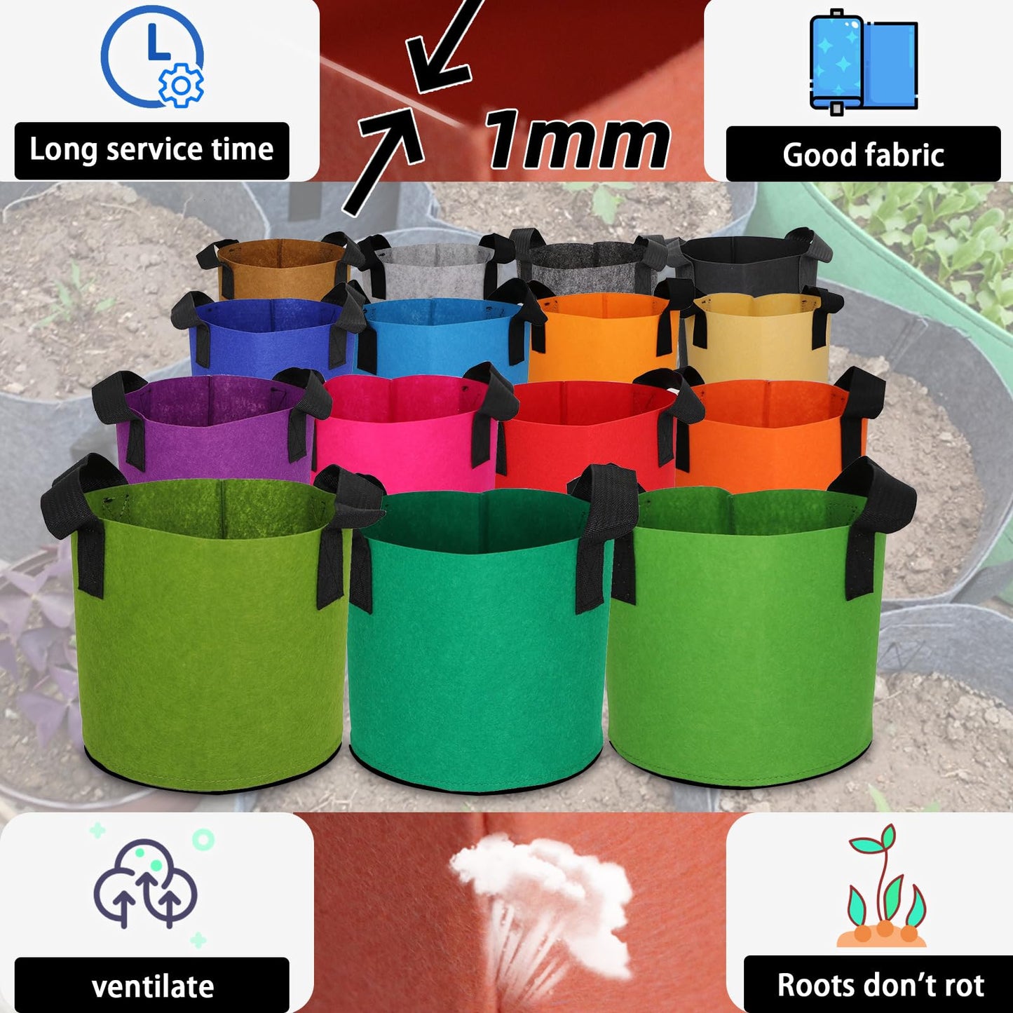 RBCFHI Grow Bags,Growing Pot Bags Garden Grow Bag Indoor Outdoor Fabric Aeration Plant Pot Container Flower Vegetable Pouch (Mixed 15colors,2 Gallon)