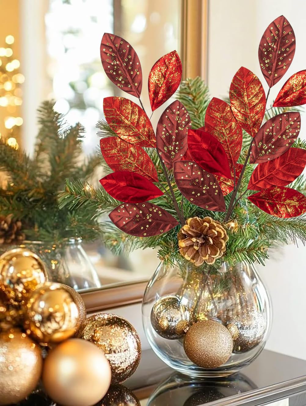 Hollyone 23.6” Christmas Tree Picks and Sprays 3Pcs Red Artificial Magnolia Stems Magnolia Leaves Branches Fake Red Leaf Floral for Vase DIY Xmas Tree Garland Wreath Centerpieces Wedding Decor