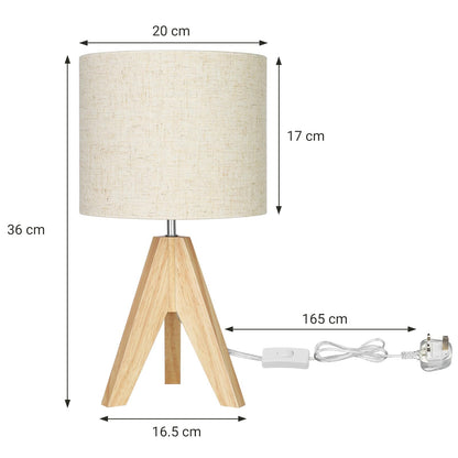 EDISHINE 36cm Wood Bedside Table Lamp, Tripod Desk Lamp with Beige Linen Lampshade, On-Off Switch, Desk Lamps for Reading, Bedroom, Living Room, Study, Office, E27 Base