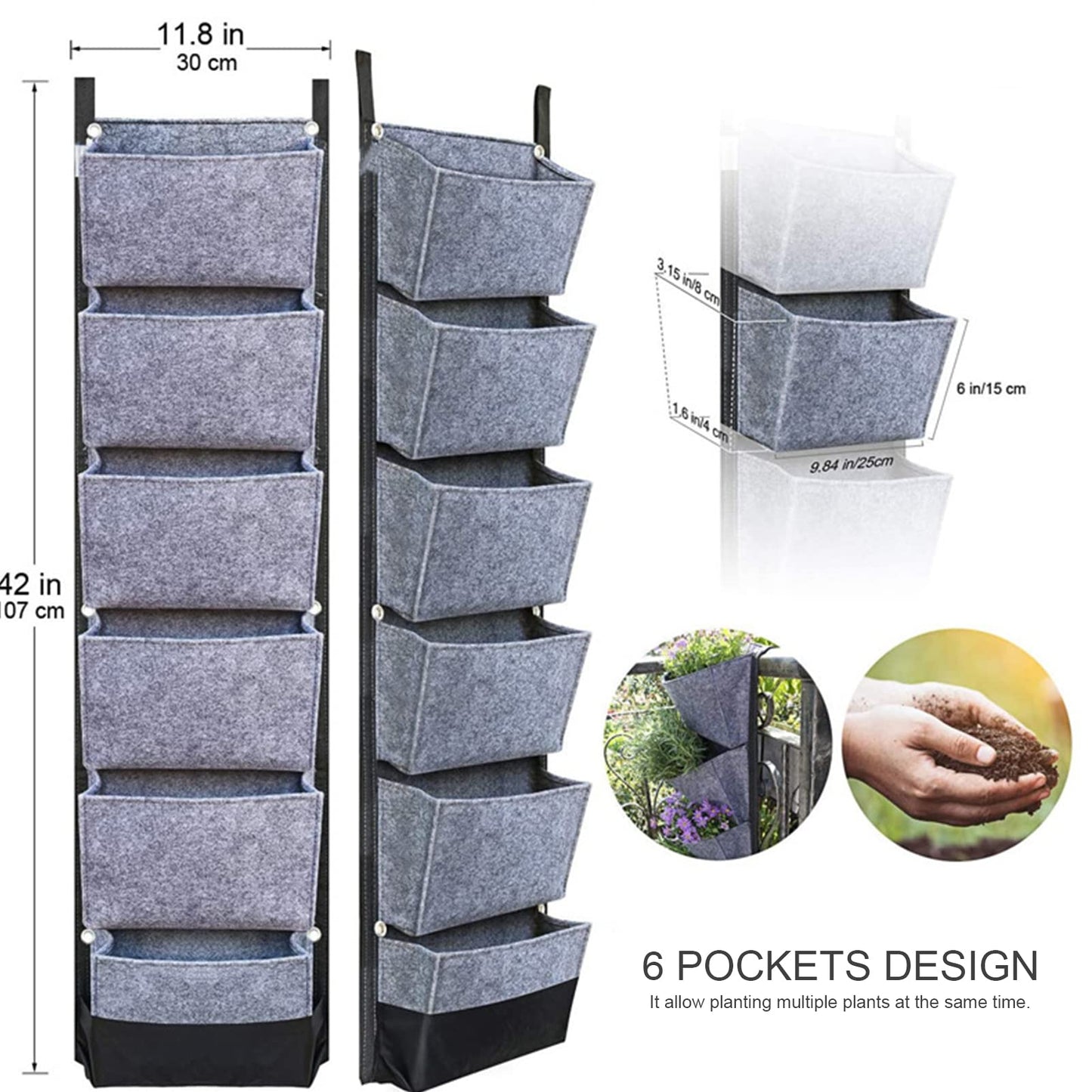 Yosoo Vertical Breathable Hanging Planting Wall Garden Grow Bags for Tomatoes Flowers Strawberries Green Plants 6 Pockets 42 x 12 Inch Home Garden Yard Farm Easy Grow (Grey)