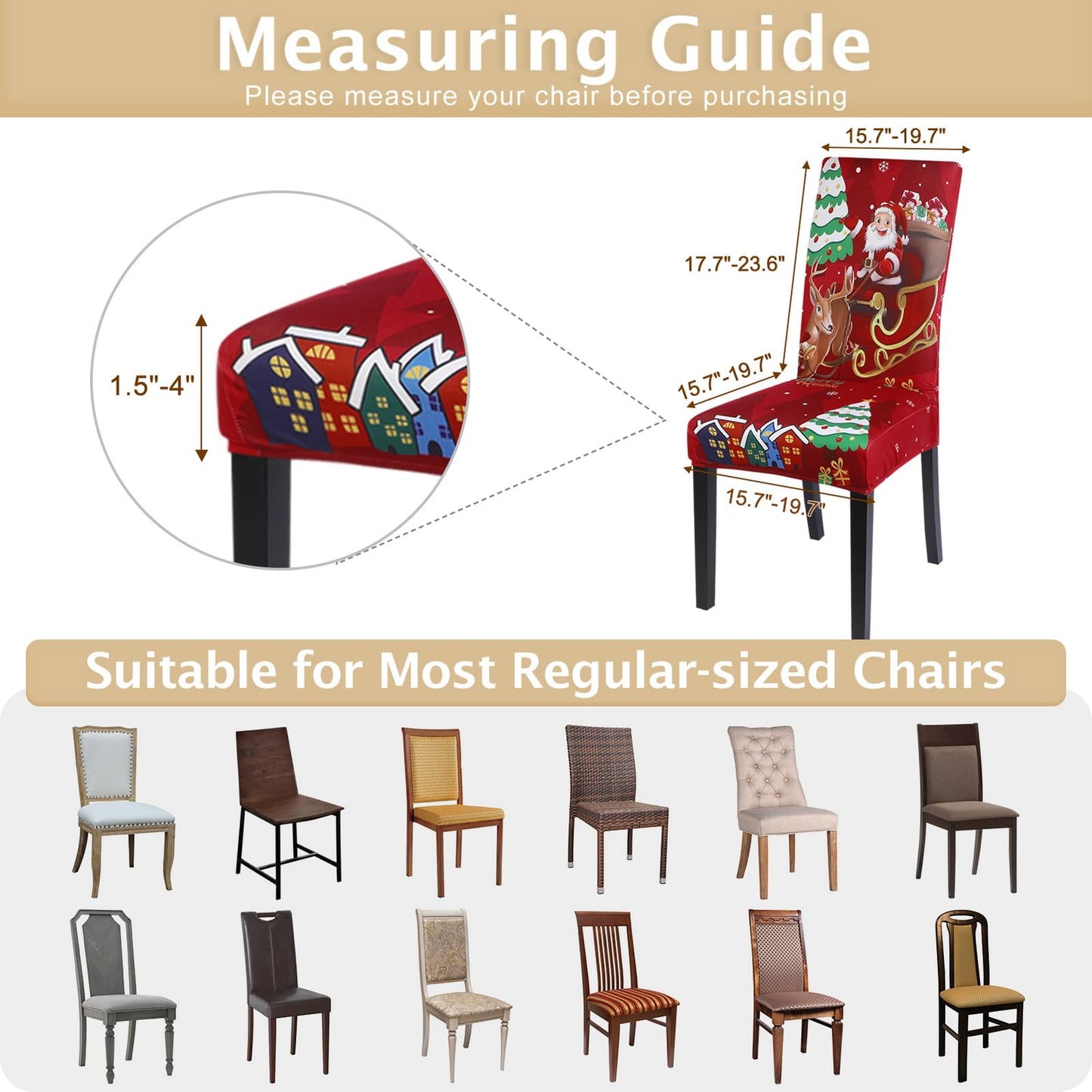 SearchI Christmas Chair Covers Set of 4, Stretch Xmas Kitchen Chair Cover Removable Washable Holiday Parsons Chair Slipcovers for Dining Room, Christmas Decoration, Ceremony(Santa Claus+Elk)