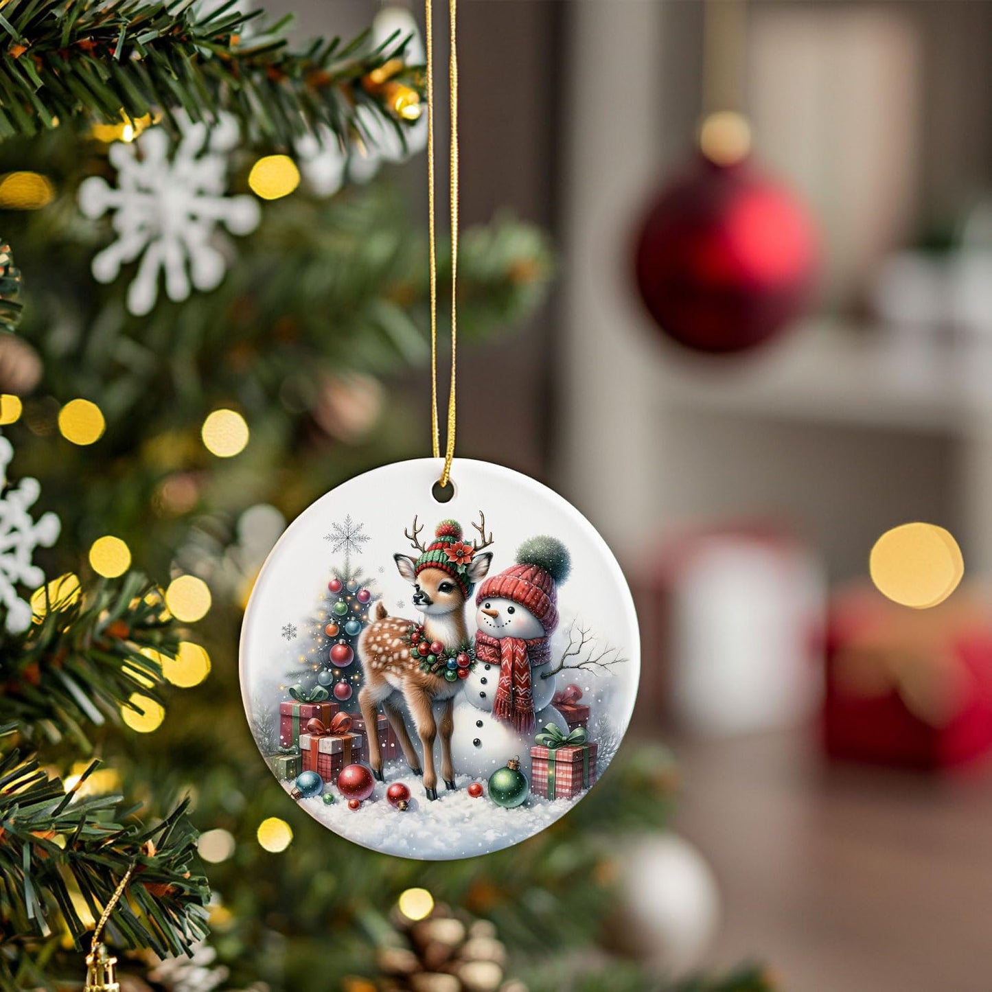 Reindeer and Snowman Christmas Ornaments for Tree - Decorative Hanging Deer Decor
