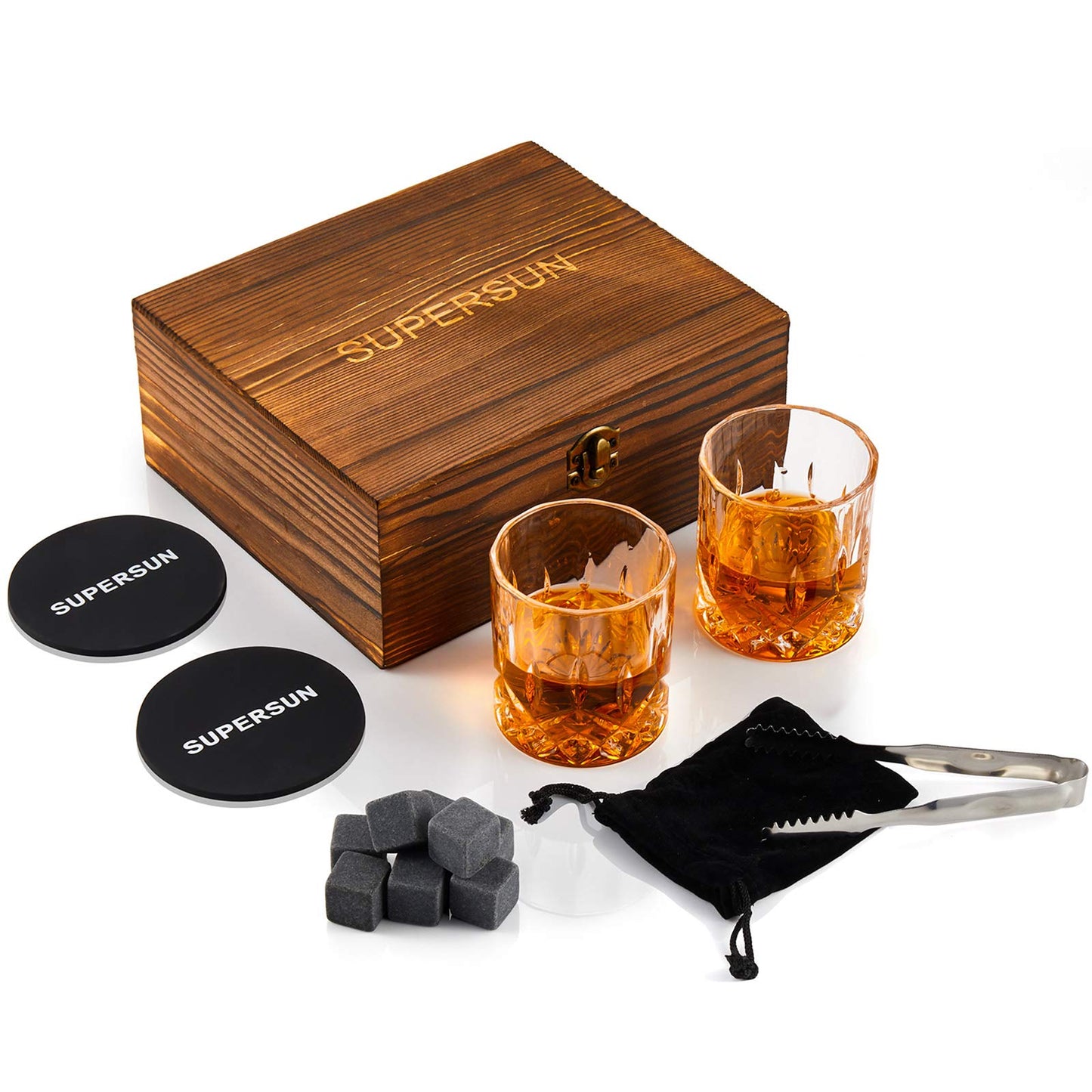 Whiskey Glasses Stones Gifts Set for Father, Pack of 2, 10 oz Scotch Bourbon Glasses, 8 Chilling Rocks with Tongs Perfect for House Warming Anniversary Birthday Farewell for Men