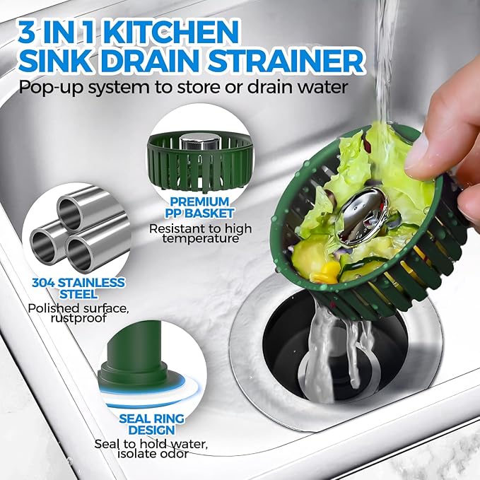 Upgraded 3in1 Kitchen Sink Drain Strainer & Sink Stopper, Stainless Steel