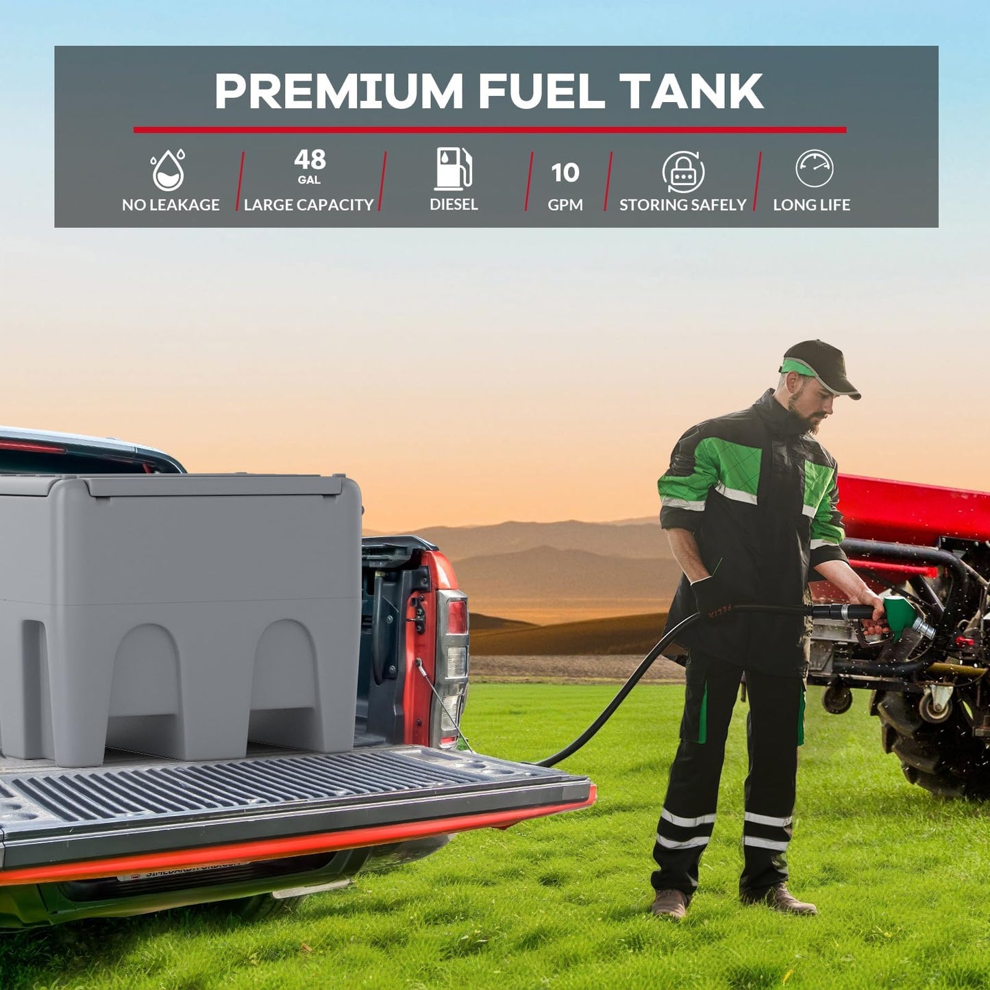 48 Gallon Portable Fuel Transfer Tank with 12V Electric Pump, 10GPM Flow, 13Ft Hose & Auto Nozzle – Diesel Transfer Tank for Trucks, Tractors, Boats, Generators – Gray