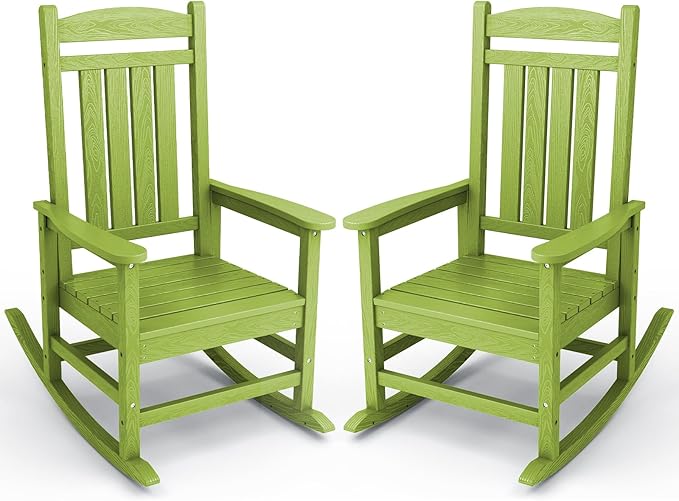 KINGYES Outdoor Rocking Chair Set of 2, High Density Polyethylene Patio Rocking Chairs with 330lbs Support for Adults, Pistachio Green