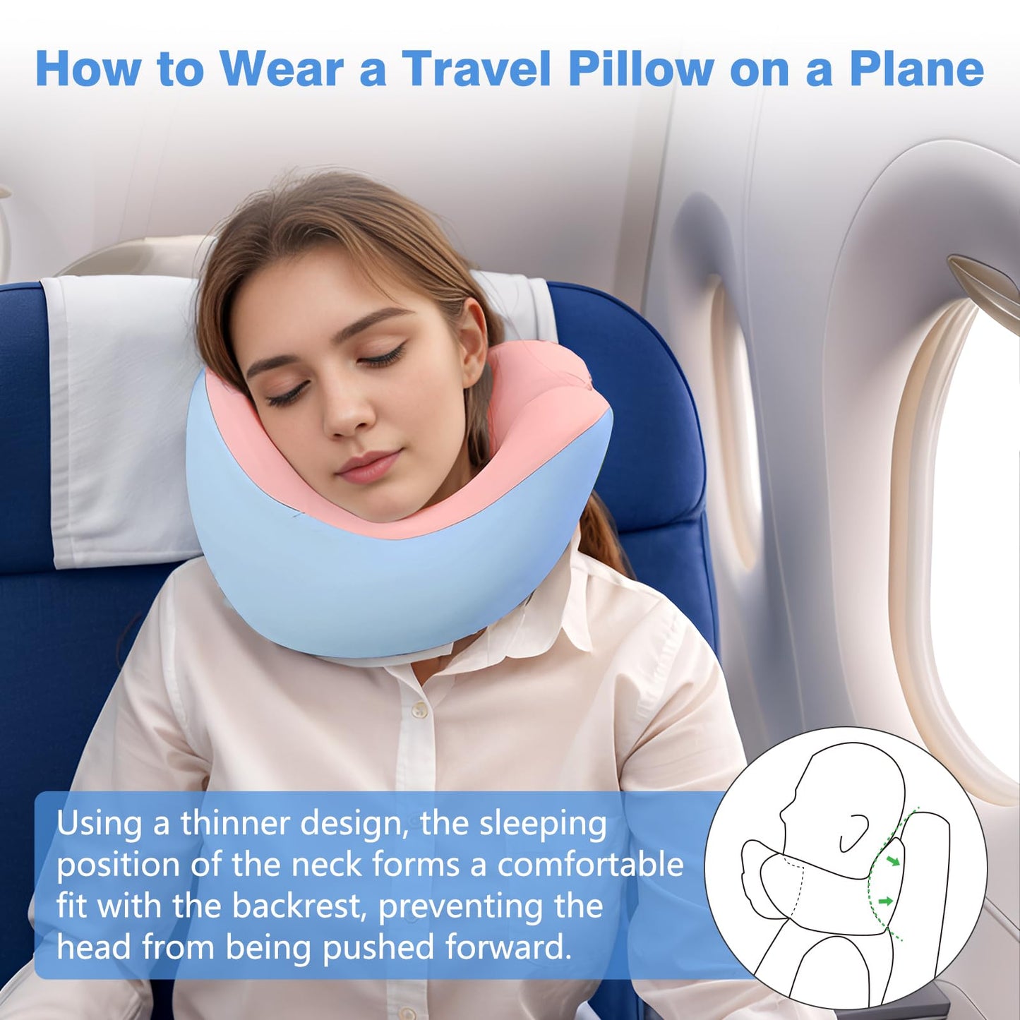 jiaao Neck Pillow Airplane, Memory Foam Travel Neck Pillows for Long Flight, 3D Eye Masks, Ear Plugs and Portable Drawstring Bag, Napping Pillow for Home, Road Trips, Sleep Rest and Travel Use