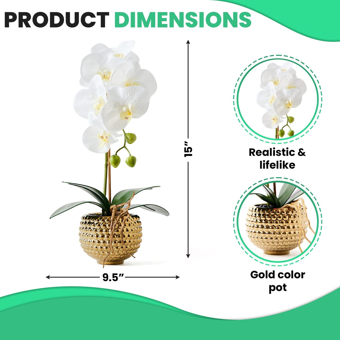 Hisow Orchids Artificial Flowers, 15" Faux Orchid in Gold Flower Pot Real Touch Flowers in Pot Large Flower Arrangements Artificial Centerpiece for Home Living Room Bathroom Kitchen Decoration (White)