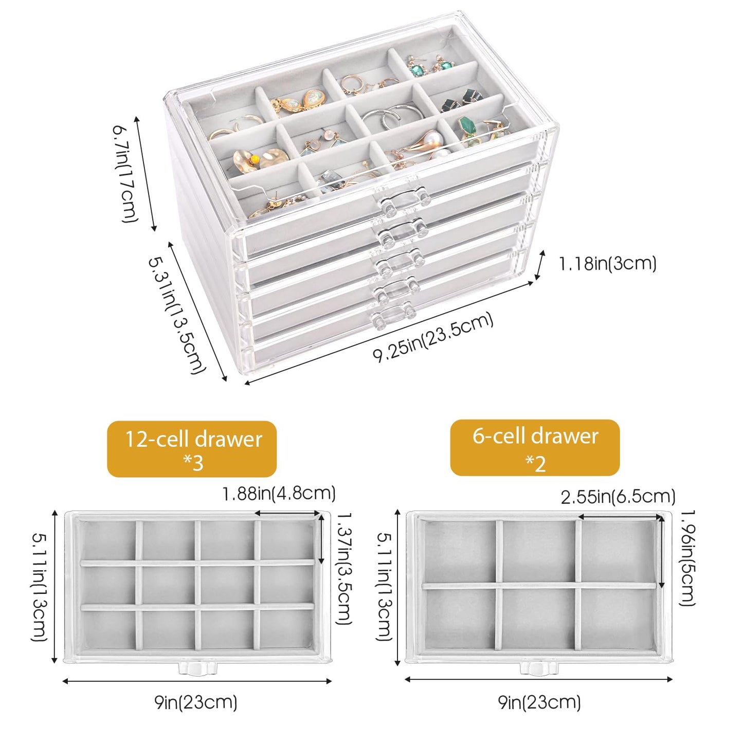 ProCase Earring Holder Organizer Jewelry Box with 5 Drawers, Acrylic Clear Earring Case with Adjustable Velvet Trays for Women - Grey, 5 Layers