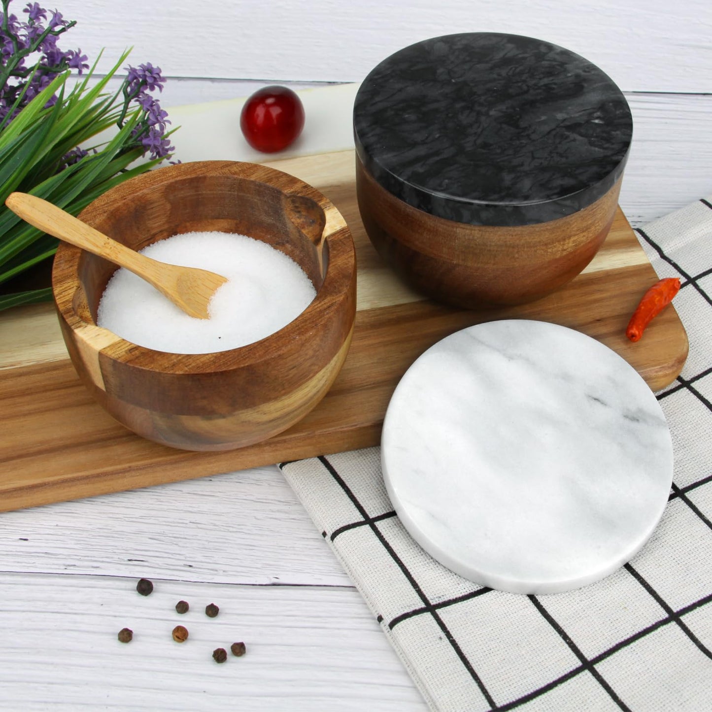 HESHIBI Salt Cellar Box with Lid & Spoon, Modern White Stone Salt or Pepper Sugar Spice Seasoning Bowl Container Jar Holder Well Keeper Dish Pig Crock for Kitchen (White Grey Marble Lid)