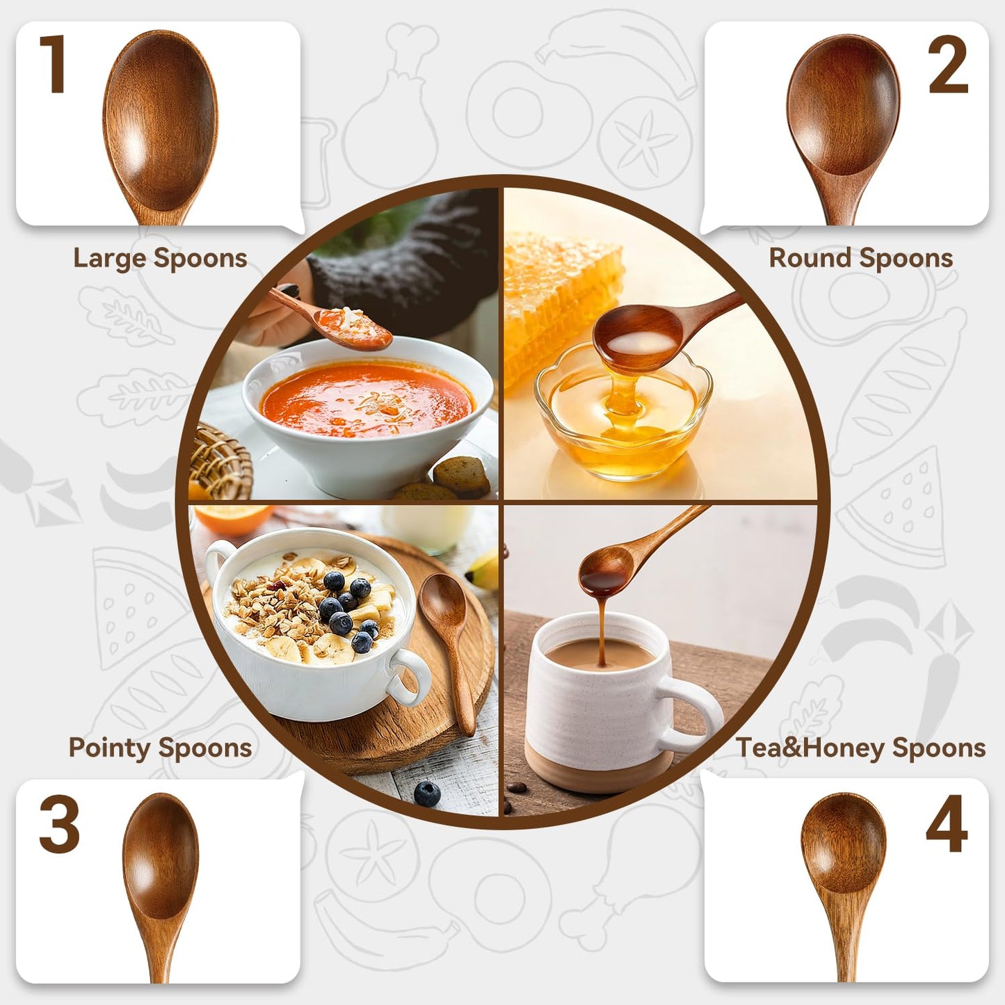 MORGLES 8Pcs Small Wooden Spoons Set – 4 Sizes & Shapes for Honey, Coffee, Tea, Soup & Oatmeal | 2 Round Spoons Included | Handcrafted, Food-Safe Finish