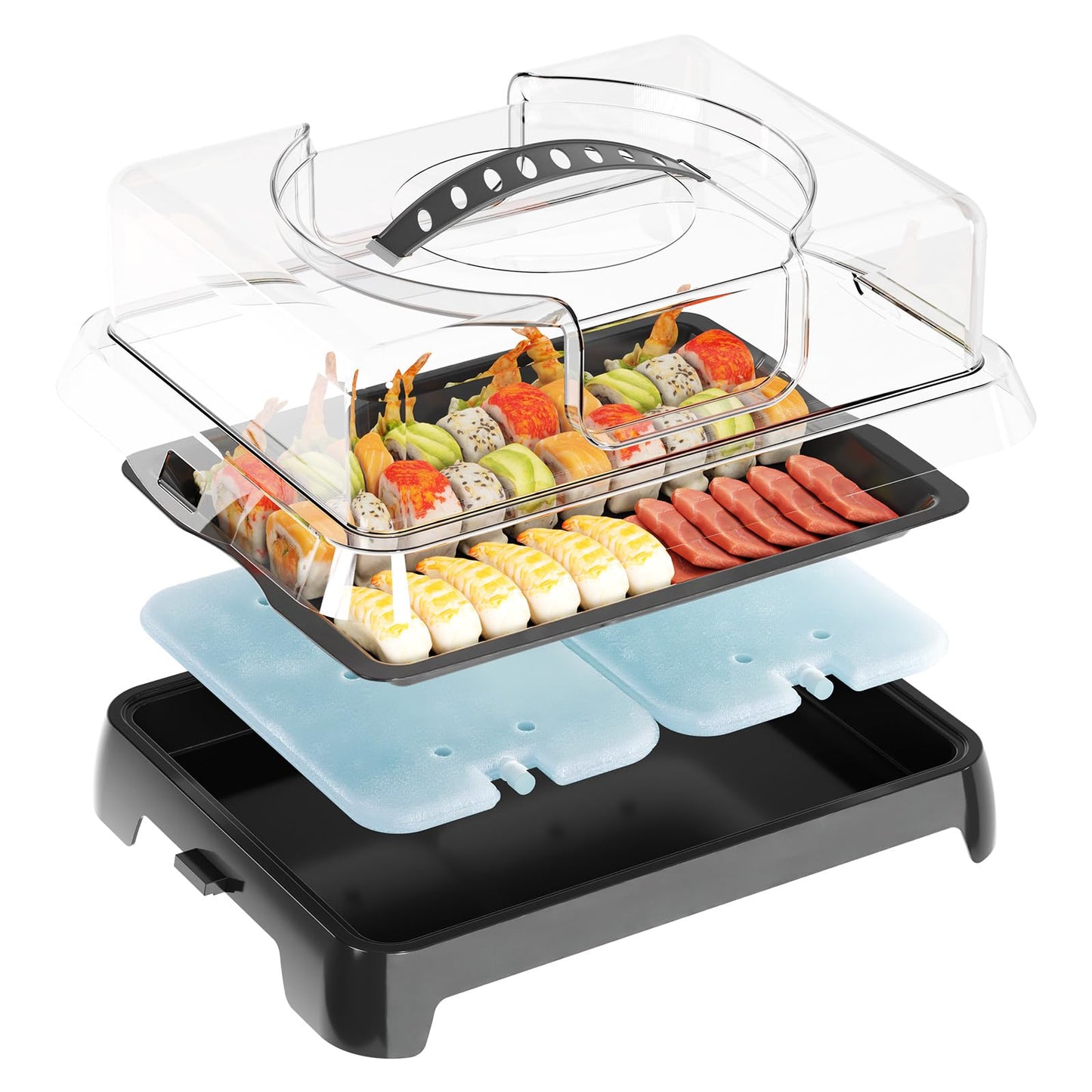 Chilled Portable Serving Tray Platterbox with Reusable Ice Pack with Lid Shrimp Cocktail Serving Dish Platter Cold Food Buffet Server for Appetizer Veggie Fruit Food Parties Outdoor Picnic, Black