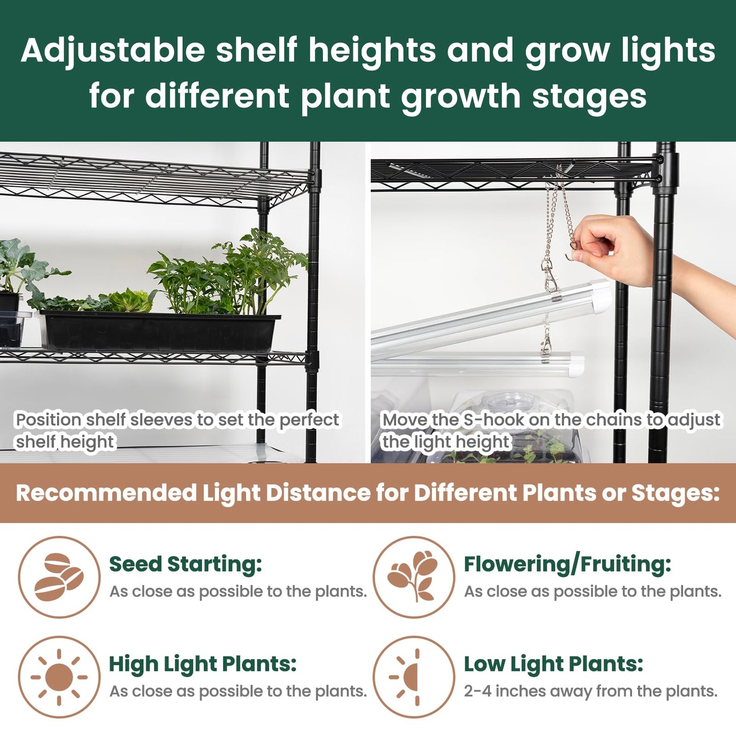 SOLIGT Plant Shelf with Grow Lights, 5 Tier Grow Light Stand Rack with 8 Pack 2FT 6000K T8 Full Spectrum Led Grow Lights for Indoor Plants, Seed Starting, Seedling Growing, Timer Included