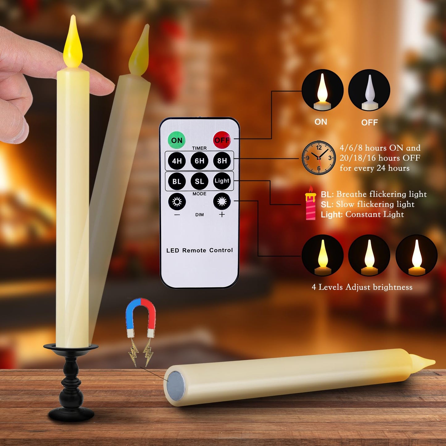 cosylive Christmas Window Candles with Remote Timer, Flameless Taper Candles with Suction Cups and Magnetic Base Battery Operated Flickering Candle for Christmas Halloween Decoration (6 Pack)