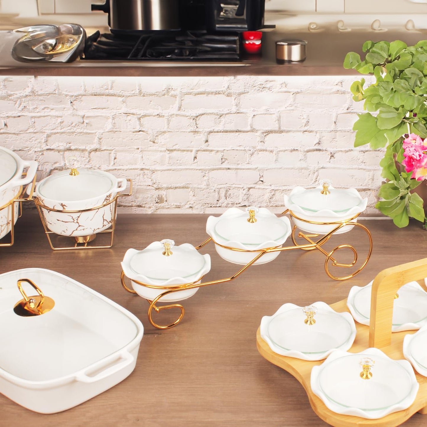 jinsongdafa Ceramic Serving Bowls with glass Lids and metal Platter, 3 Removable Dipping Bowls Relish Tray Nuts Dishes for Appetizer, Fruits, Candy & Condiment, Perfect for Party Entertainment
