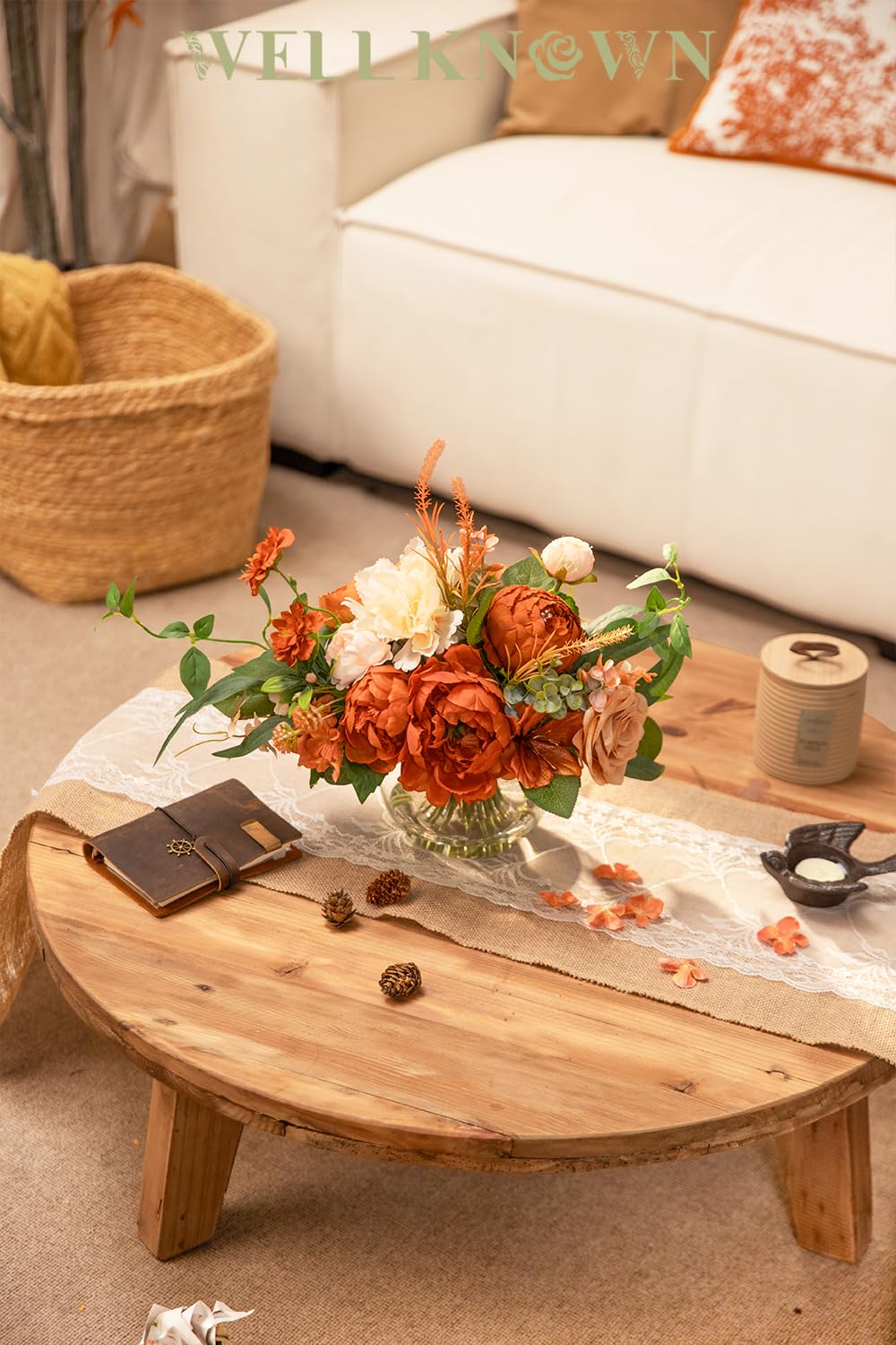 Artificial Flowers in Vase, WELL KNOWN Silk Rose Peony Flower Bouquet Table Centerpieces with Faux Water for Fall Home, Fake Flower Arrangement for Seasonal Party Decor (Burnt Orange & Champagne Plus)