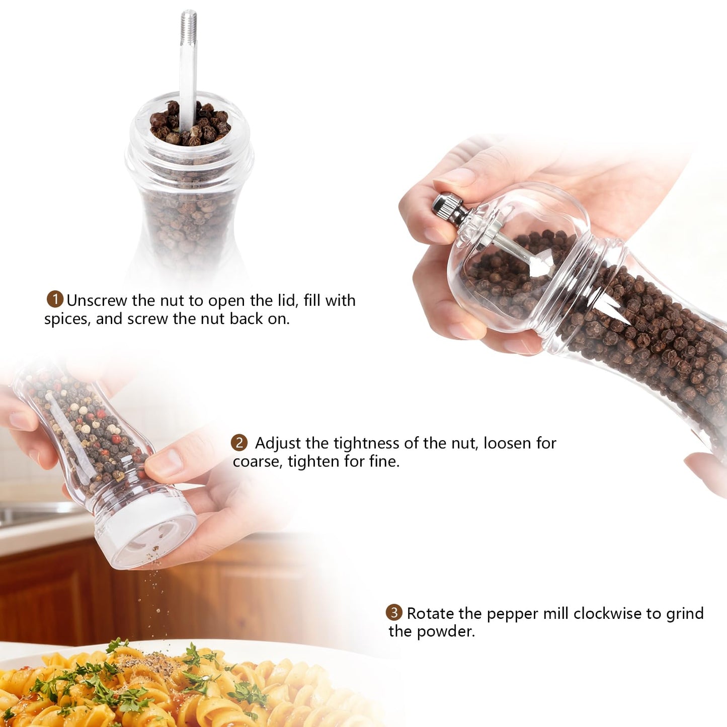 LHS Salt and Pepper Grinder Set, Manual Pepper Mills, 2Pcs Salt Grinder Peppercorn Grinders with Adjustable Coarseness-Clear