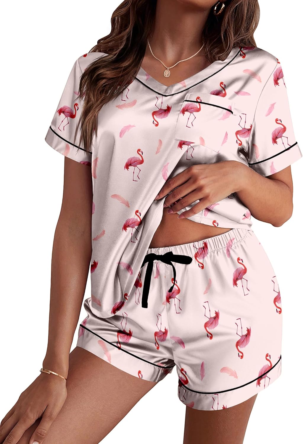 Ekouaer Silk Pajama for Women Short Sleeve Satin Pj Set Two Piece Soft Sleepwear Loungewear, S-XXL