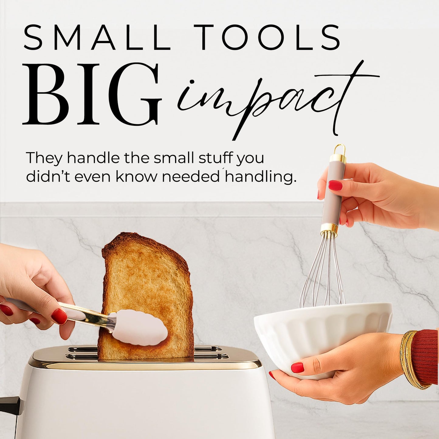 White & Gold Cooking Utensils Set - Luxe 8-Piece Kitchen Gadget Set Includes Can Opener, Tongs and Garlic Press - Stylish White and Gold Kitchen Accessories for Modern Kitchens, Ideal for Gifting