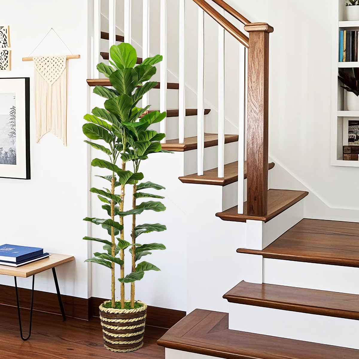 Artificial Fiddle Leaf Fig Tree Indoor with Woven Basket - 5ft Tall Fake Tree with Real-Wood Trunk,Faux Plants for Living Rooms, Offices, Kitchens & Outdoor Spaces (Round Basket)