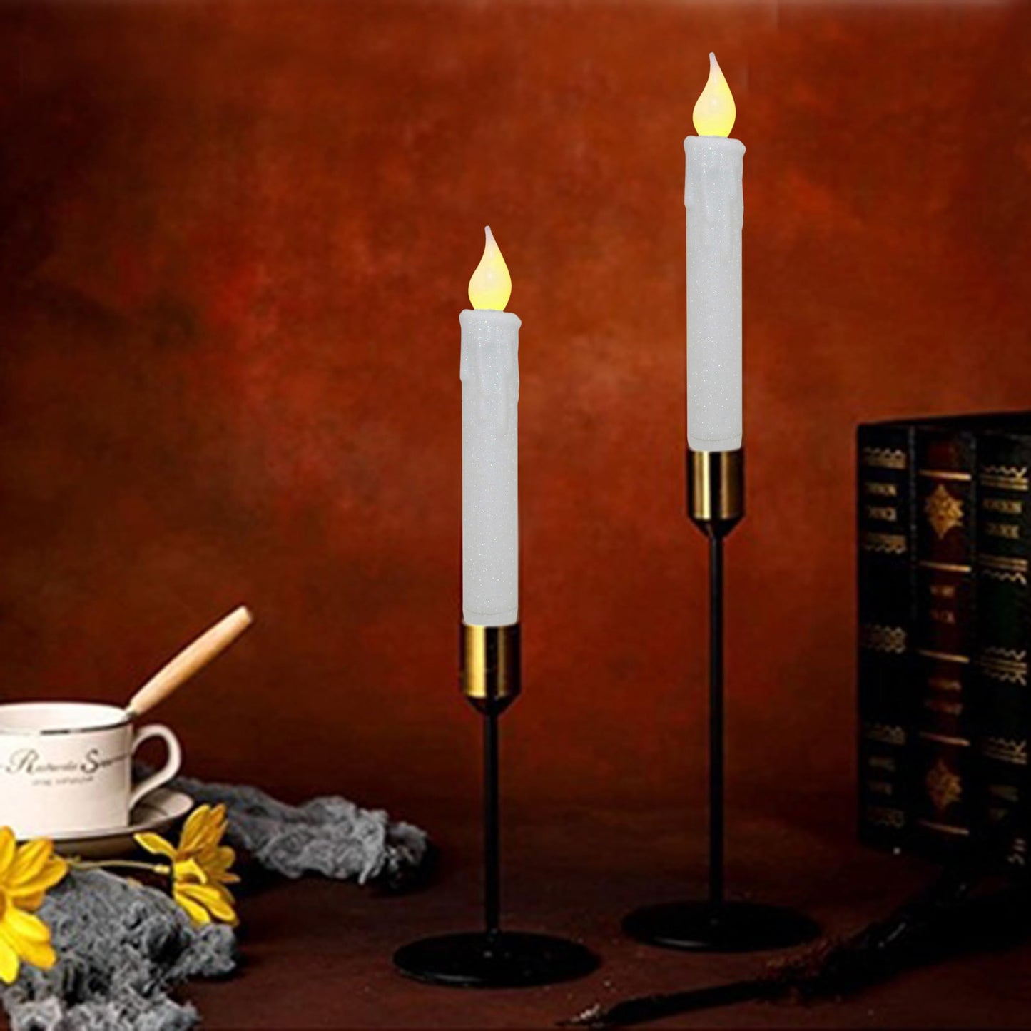 CVHOMEDECO. Glitter Flameless Candles Flickering Battery Operated LED Taper Candles with Timer for Home, Wedding, Halloween, Christmas Decor. Glitter White, 6-3/4 Inch, Set of 2