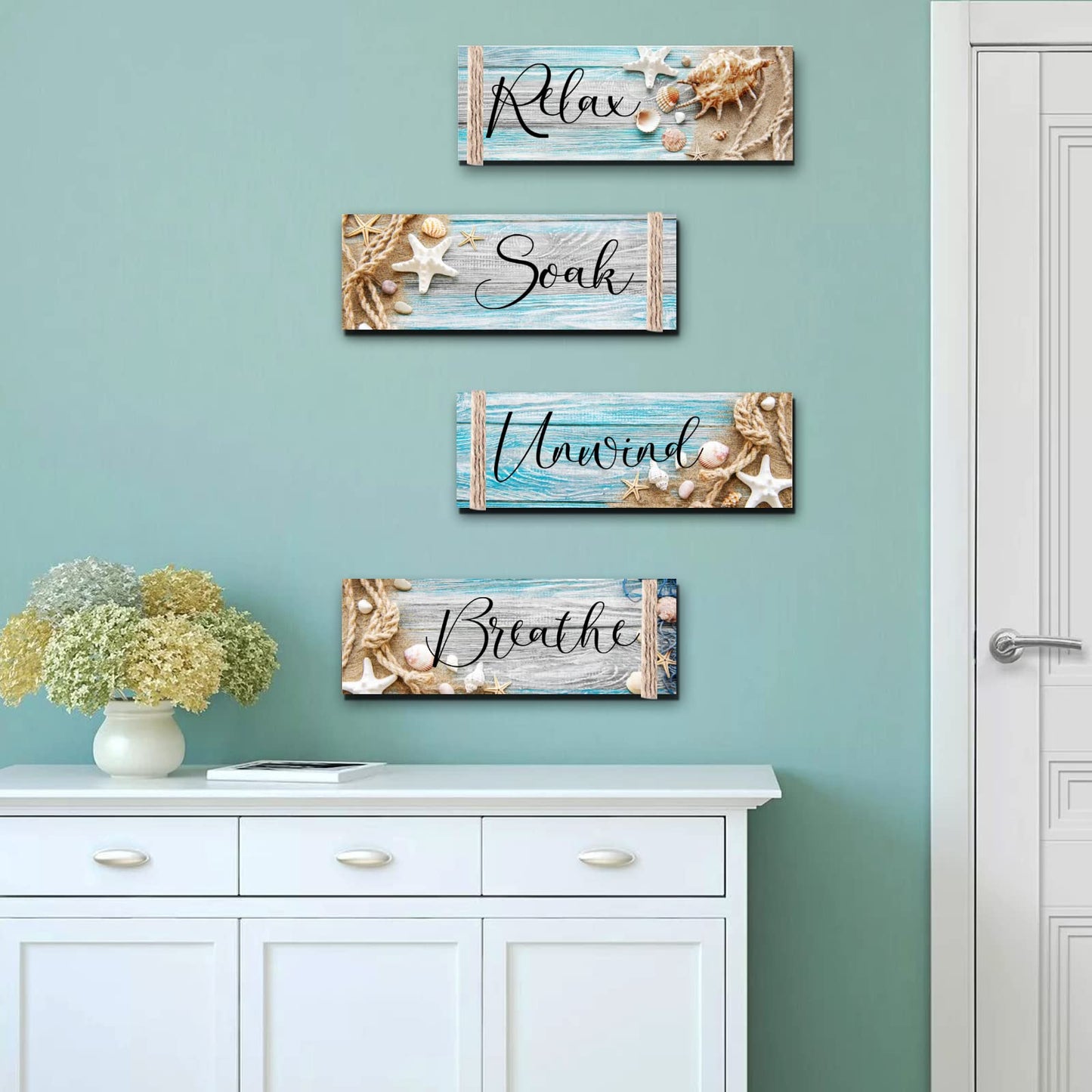 POILKMNI 4 PCS Ocean Beach Wood Relax Soak Unwind Breathe Art Sign Hanging Wooden for Decor Living Room Laundry Spa Washroom