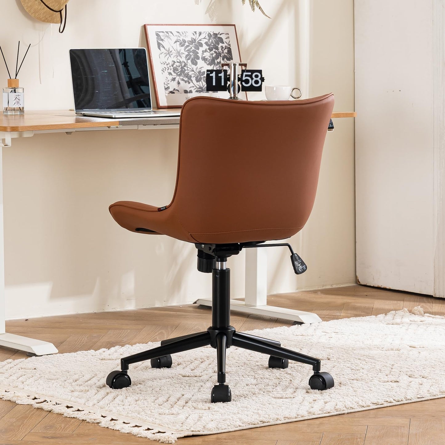 YOUTASTE Coffee Brown Office Chair Modern Armless Desk Chair with Wheels Adjustable Swivel Rocking Rolling Computer Study Chairs Faux Leather Sewing Chairs with Back Stylish Vanity Chair