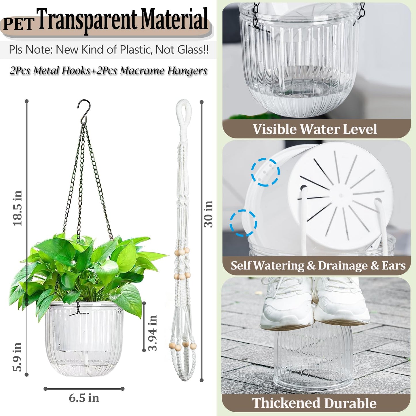Melphoe 2 Pack Self Watering Hanging Planters Basket Indoor Hanging Flower Pots, 6.5 Inch Outdoor Hanging Plant Pot Basket, with Extra 30 Inch Macrame Plant Hanger for Garden Home Decor