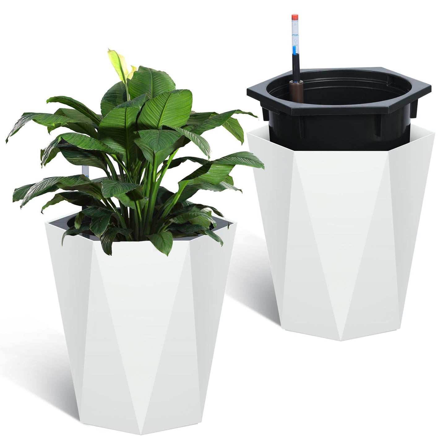LuyFuitre Set of 2 Tall Planters for Outdoor Plants, 16 Inch Tall Planter Pots with Water Level Monitor, Wheels & Inner Bucket for Indoor Outdoor, White