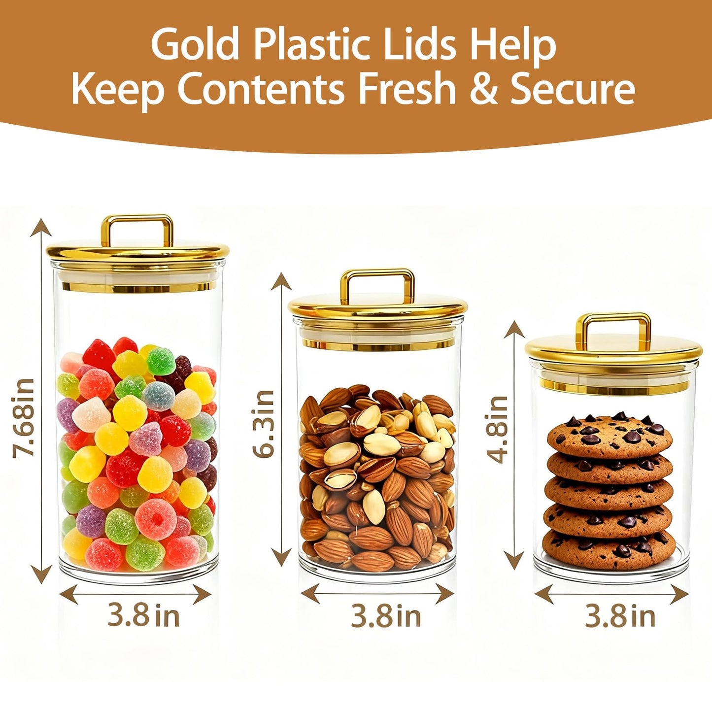 3-Pack Clear Acrylic Apothecary Jars with Gold Lids, Gold Candy Jar for Coffee Bar, Bathroom Vanity Canisters for Q-Tips, Cotton Balls & Small Treats