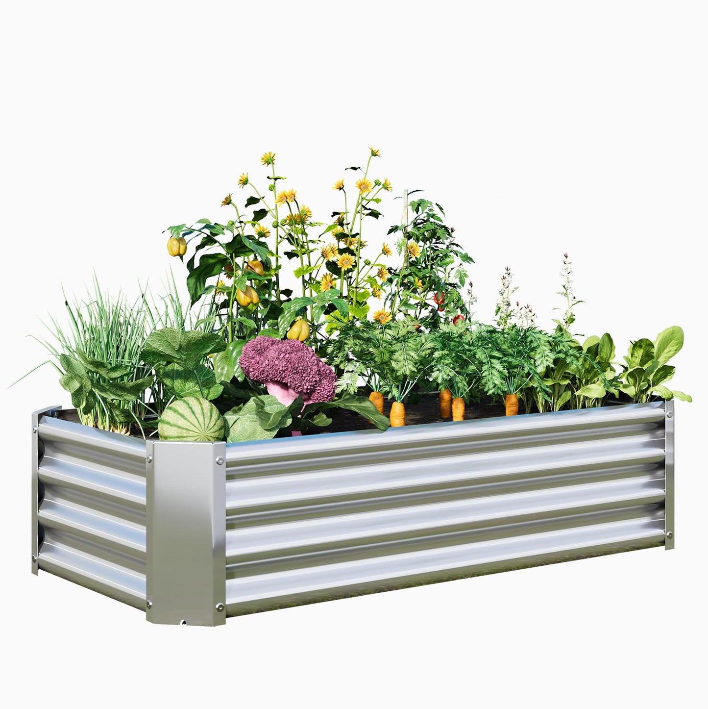 VERFARM Metal Galvanized Raised Garden Bed Kit, 4 x 2 x 1 ft Galvanized Steel Raised Garden Planter Box Outdoor with Open Base for Growing Vegetables/Flowers/Herbs/Fruits/Succulents, Rectangle, Silver