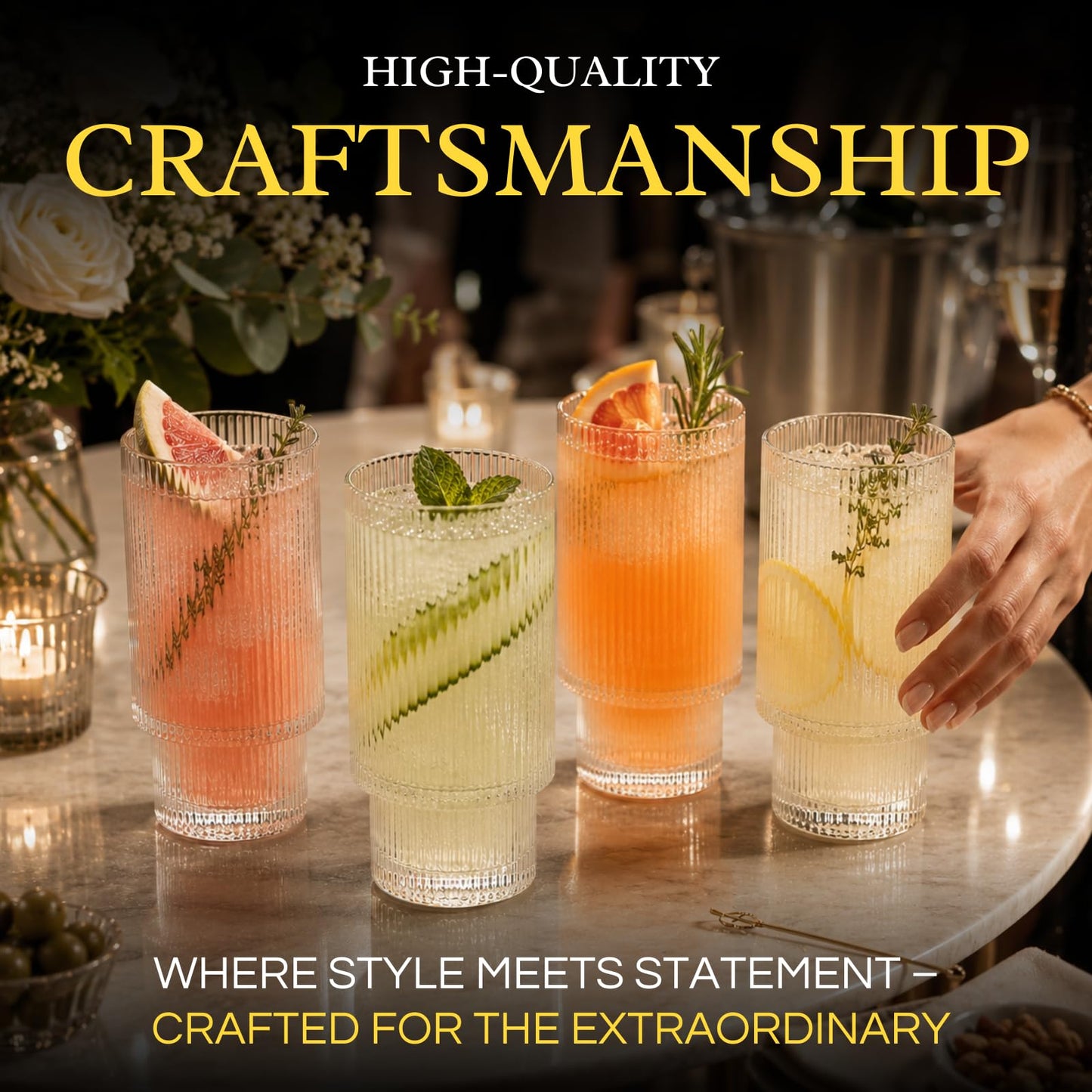 Vintage Art Deco Crystal Highball Ribbed Glass Set of 4 - Ripple, Collins Glassware 14oz Classic Crystal Cocktail Glasses Perfect for Water, Champagne, Beer, Juice, Tom Cocktails - Barware Tumblers