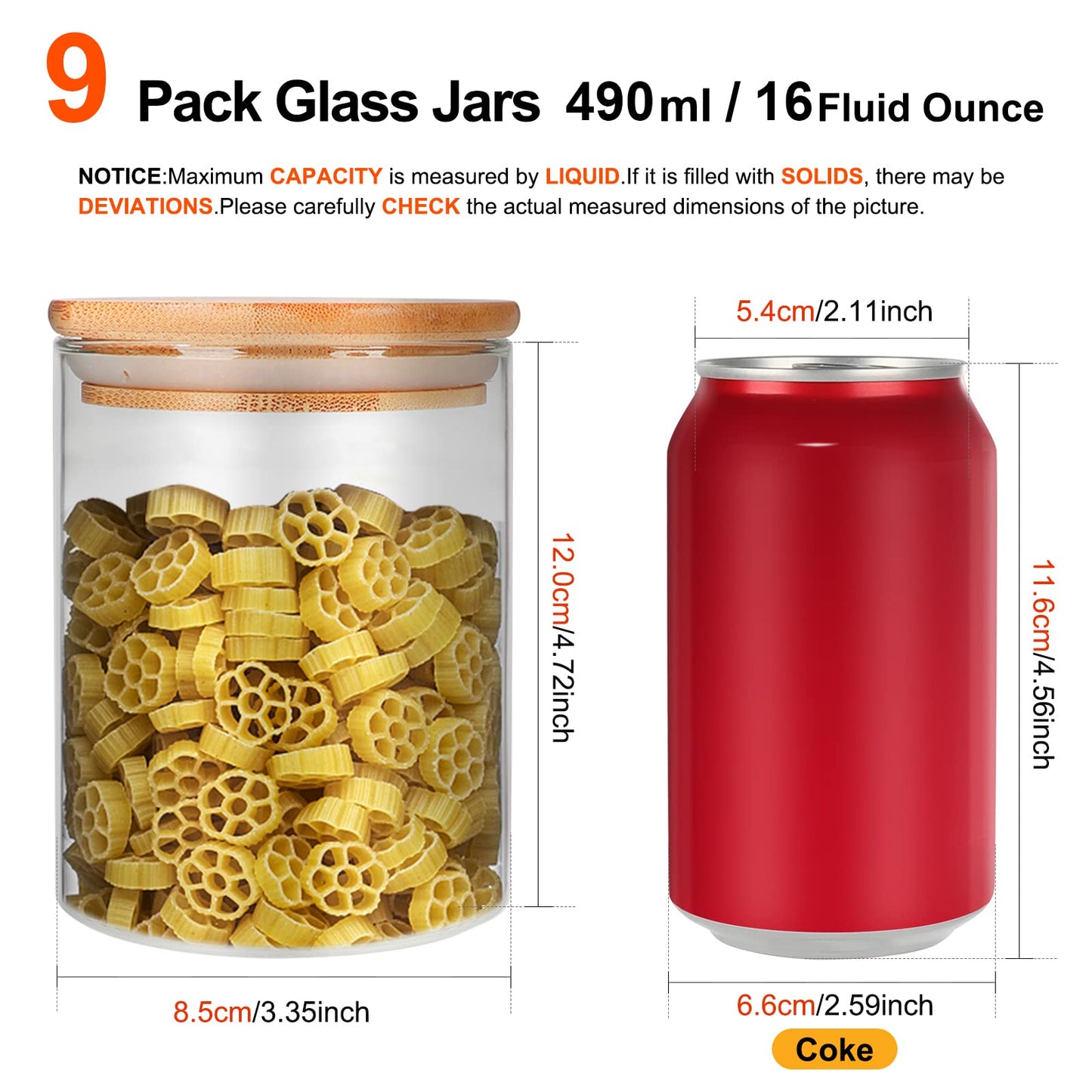 Glass Food Storage Containers Jars with Airtight Bamboo Lid 16 oz 9 pcs, 490 ml Pantry Organization Jar, Glass Terrarium with Lid, Spice, Flour and Sugar Container, Canister Set for Kitchen Counter