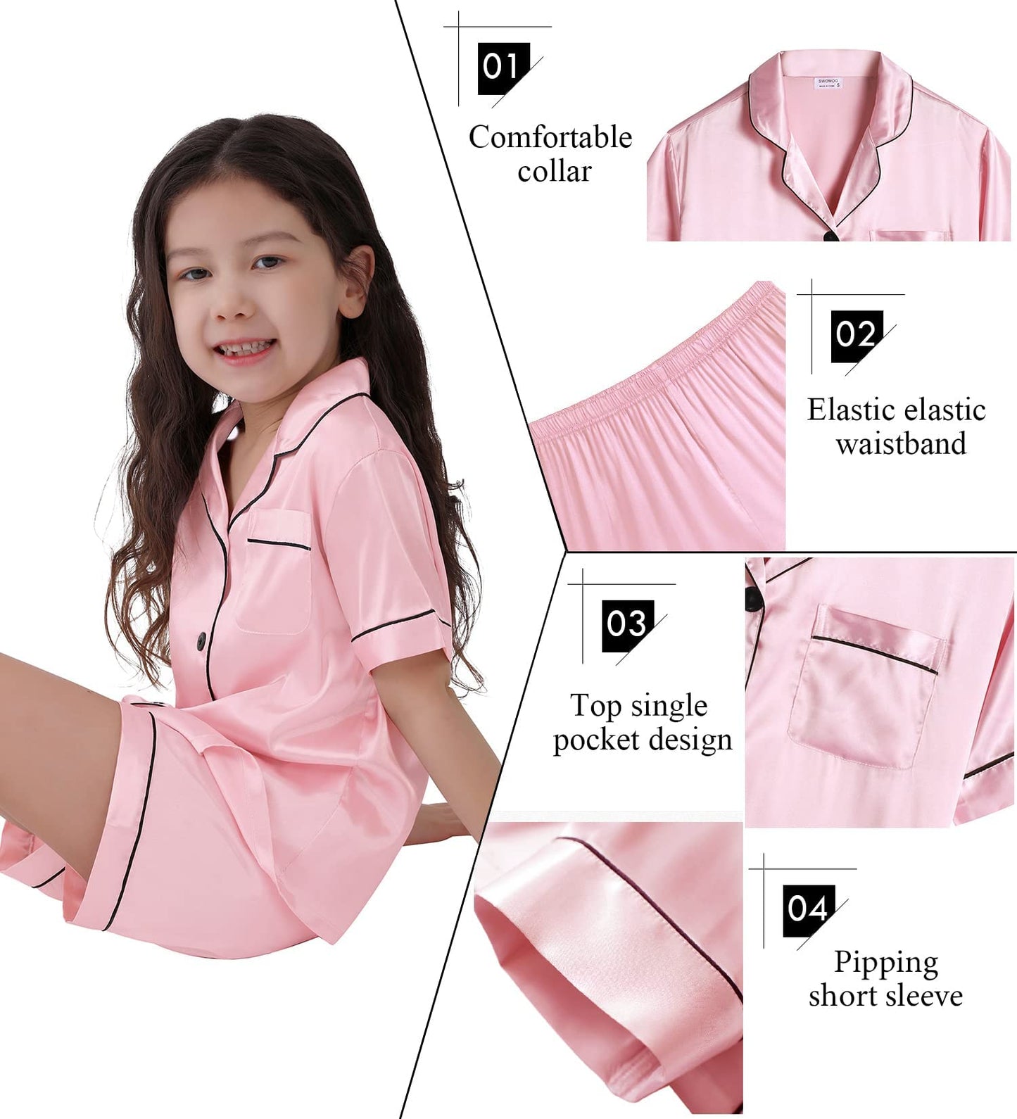 SWOMOG Girls Silk Pyjamas Short Sleeve Sleepwear Two-piece Satin Button-Down PJ Sets Kids Nightwear Summer Pyjama Gifts Pink
