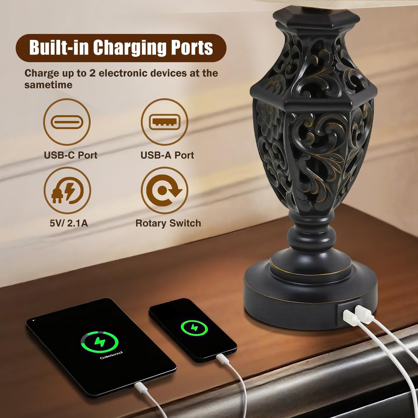 EJIAXIN Lamps for Night Stands Set of 2-23.5" Vintage Bedside Lamp with USB A+C and Nightlight - Black Retro Carved Resin Farmhouse Table Lamp for Bedrooms, End Tables, Living Room, Bulbs Included