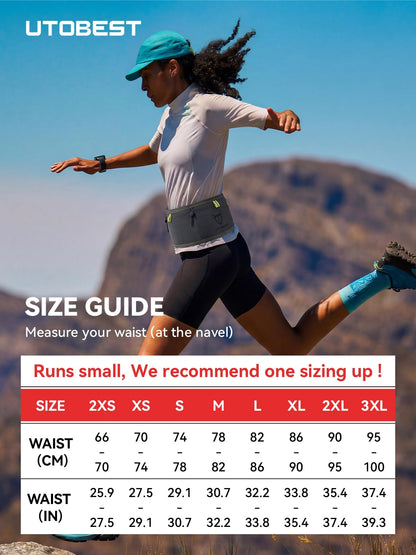 UTOBEST Running Belt for Men & Women, Bounce-Free Running Waist Pack Fits All Phones, 4-Pocket No Zipper Trail Running Belt Fits 500ml Soft Flask, Pole Carry Straps for Race, Trail (B7 Pro-Grey, 2XS)