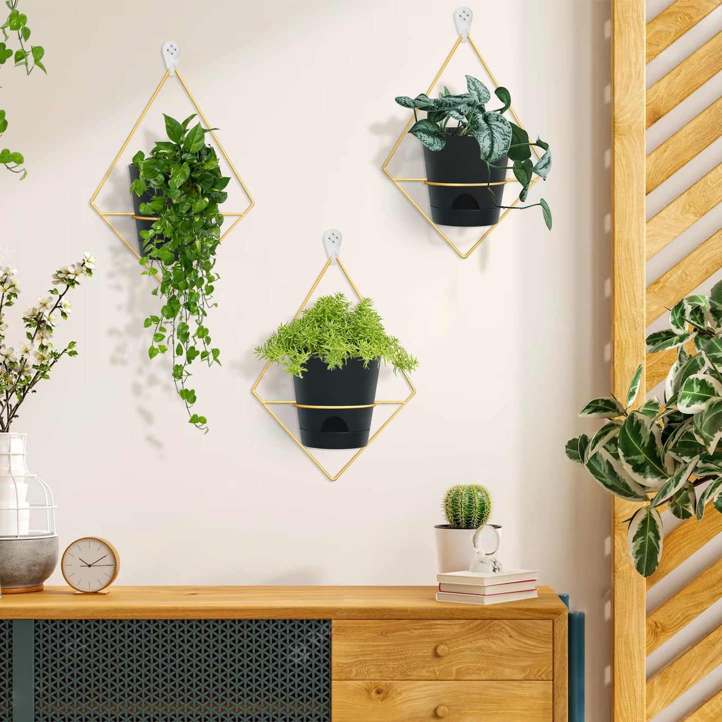 Koalaime 3 Sets Wall Planters for Indoor Plants Geometric Hanging Planters for Indoor Plants - Self-Watering Flower Pots with Black Metal Holder, Mounted Succulent Planter, 5" Black Plant Pot