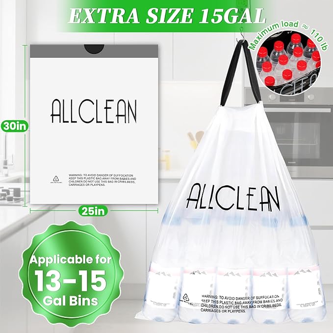 Trash Bags 15 Gallon Tall Kitchen Drawstring Garbage Bags, Fit 13-15 Gal Bins