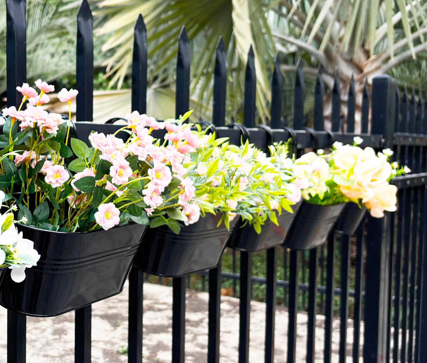 Joyfernal 8 Pack Metal Hanging Planter for Outdoor Plants, 10 Inch Black Fence Planters Railing Pots for Garden Patio Balcony Decor, Flower Bucket with Detachable Hooks (Black, 8Pcs)