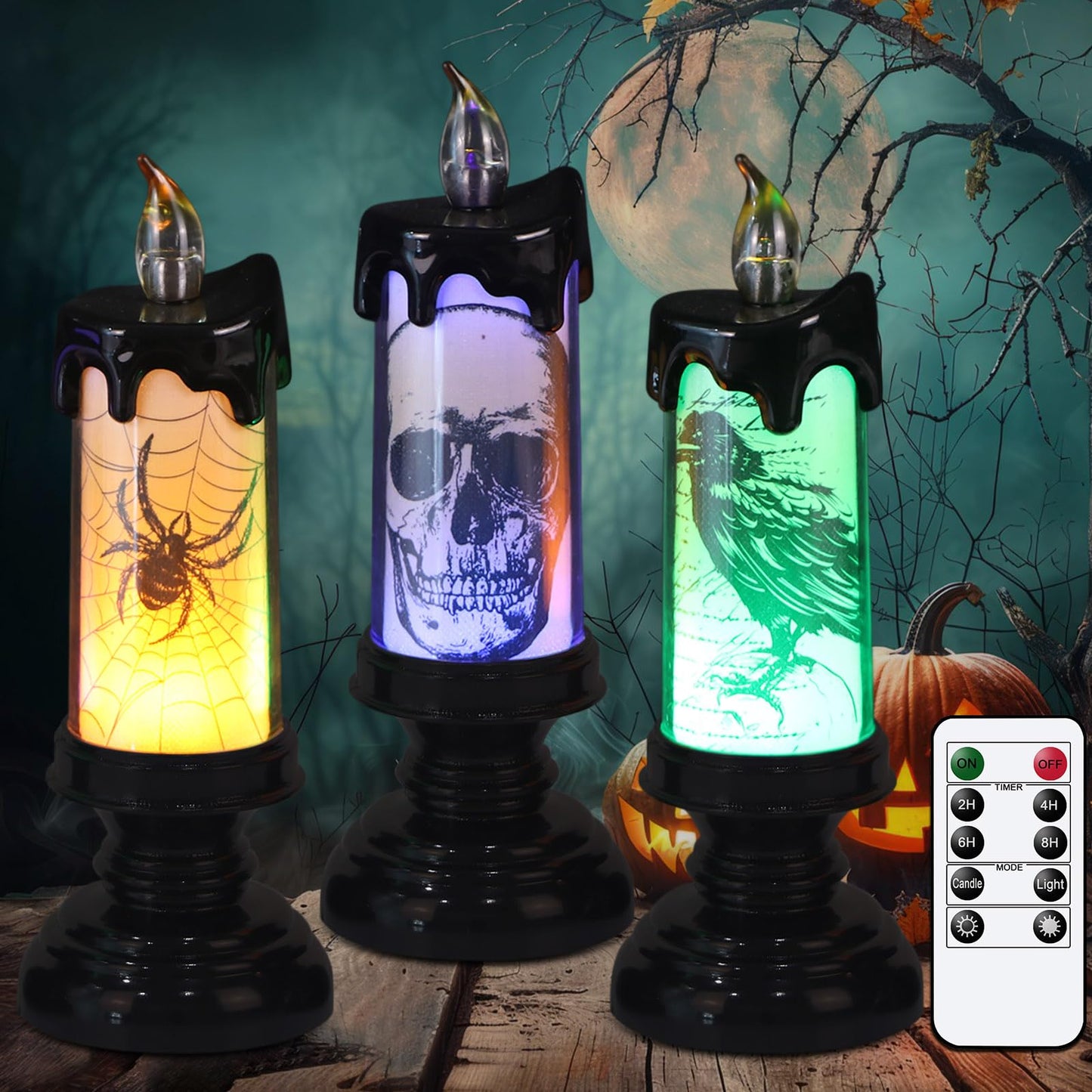 Eldnacele Halloween Flameless Candle Lamp Battery Operated with Remote and Timer, Spooky Horror Skull Crow Spider Decals LED Candle Lights Indoor Home Decor Candles Set of 3, 2.8" D x 7.8" H