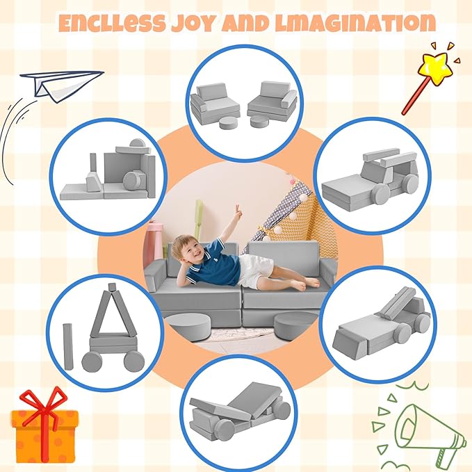 12 Pcs Modular Kids Play Sofa Convertible Foam Floor Mat and Play Fortress