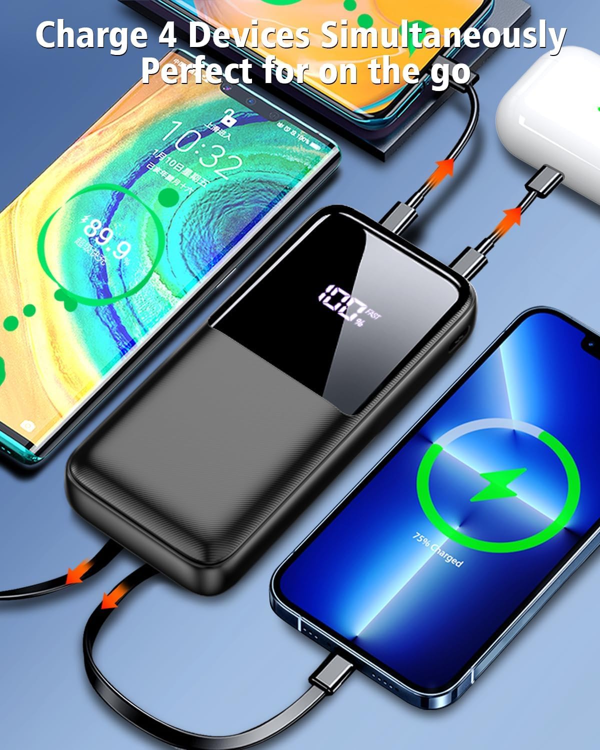 Power Bank Fast Charging, 15000mAh Portable Charger with Built-in Cables, USB-C Powerbank with LED Display & 4 Outputs, Battery Pack Compatible with iPhone 16 15 14 13 Android and more, Black