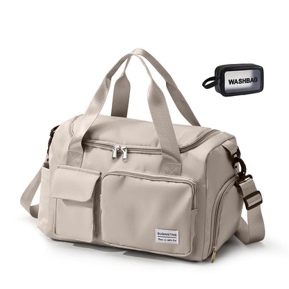 Beige Small Gym Bag for Women, Waterproof Travel Duffle Bag Carry On Weekender Bag with Shoe Compartment & Wet Pocket, Gym Tote Bag for Travel, Workout, Sport