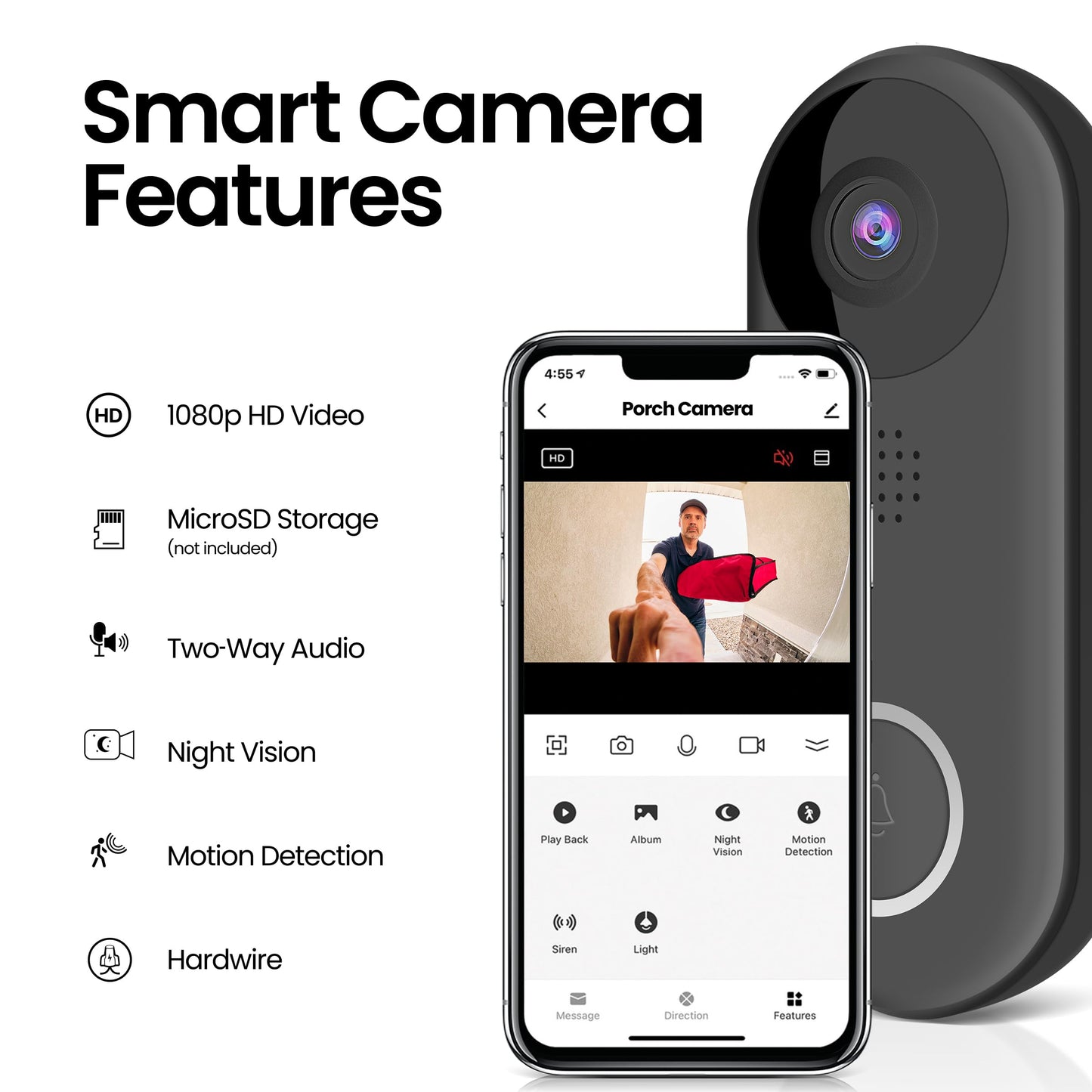 Feit Electric Doorbell Camera, 2.4 GHz WiFi, No Hub, Two-Way Audio, Motion Detection, Night Vision, 1080p HD, Micro SD Card Storage, Wireless Chime Included, Hardwired, CAM/Door/WiFi