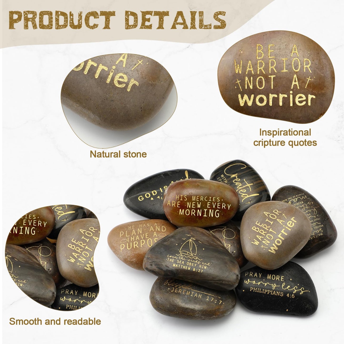Landical 10 Pcs Bible Verses Scripture Stones Gift Christian Inspirational Rocks Engraved Stones with Prayer Words Father's Day Religious Gifts for Men Zen Group Office Home Decor(Inspiring Bible)