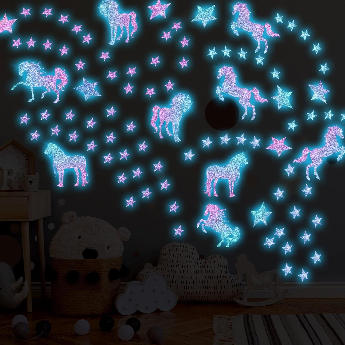 Glow in The Dark Unicorns Wall Decals Unicorns Star Wall Stickers for Baby Girls Bedroom Blue Luminous Glow Stars Ceiling Stickers for Baby, Birthday Present for Baby Boys