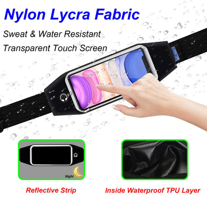 QUANFUN Running Belt for Women Men, Fanny Pack, Belt Bag, Money Belt, Waterproof Workout Waist Pouch Phone Holder with Touchscreen, Gym Running Gift Gear Accessories fits Phones UP to 6.5", Black