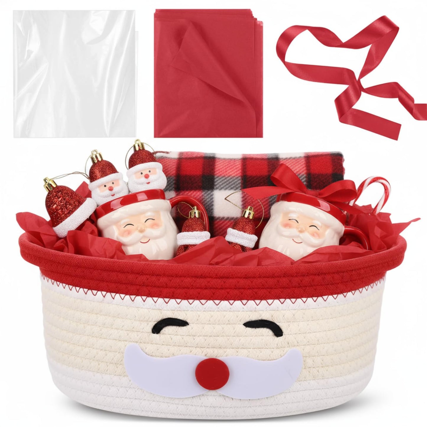 Zopeal Christmas Woven Basket with Gift Bag, Ribbon and Red Tissue Paper Santa Emoticon Woven Storage Bin Empty Basket Holiday Decorative for Xmas Gifts, 12 x 8 x 5 inch
