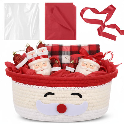 Zopeal Christmas Woven Basket with Gift Bag, Ribbon and Red Tissue Paper Santa Emoticon Woven Storage Bin Empty Basket Holiday Decorative for Xmas Gifts, 12 x 8 x 5 inch